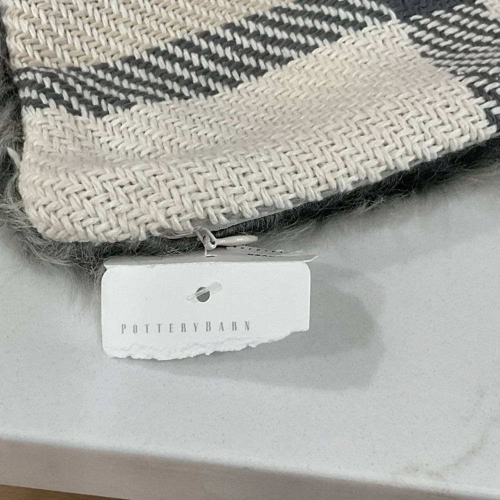 NWT Pottery Barn Throw Pillow Cover Nottingham Plaid Faux Fur Back Lumbar Decor